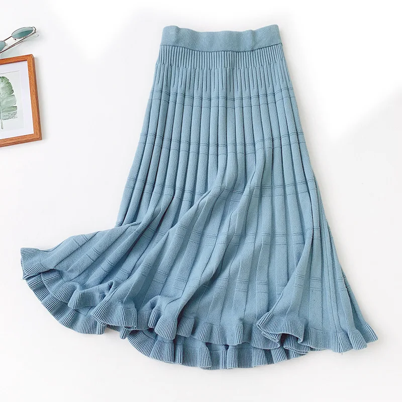 Autumn Winter Solid Jacquard Knit Skirts New Korean High Waist A-Line Stripe Long Skirt Women Ruffles Mermaid Skirt