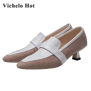 

Vichelo Hot genuine leather small square toe med heel new autumn shoes young lady daily wear deep mouth slip on women pumps L1f2