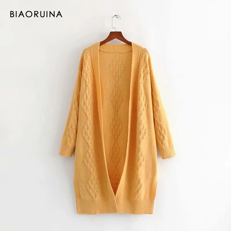 BIAORUINA, 3 цвета, женские вязаные Длинные кардиганы, Женский однотонный Повседневный свободный свитер, один размер, женская мода
