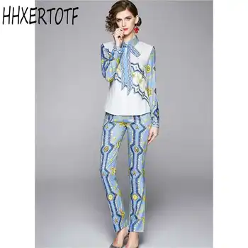 

spring autumn Runway Designer Print Two Piece Pant Suits Women's Sets Long Sleeve Shirt + Pants Suit