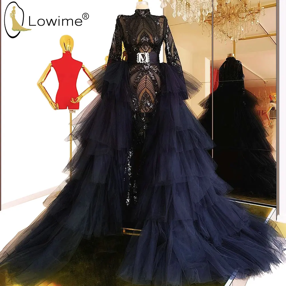 

Arabic Navy Blue High Neck Long Sleeve Mermaid Evening Dresses with Overskirts See Through Formal Dress вечернее платье