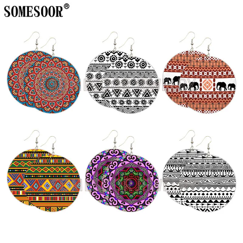 

SOMESOOR Afro Fabric Prints Wooden Drop Earrings African Tradition Ethnic Pattern Bohemian Wood Loops Dangle For Women Gifts