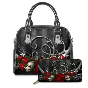 

Coloranimal 2Pcs/set Gothic Skull Printting Women Shoulder Crossbody Bag PU Leather Top-Handle Luxury Handbag wallet Tote