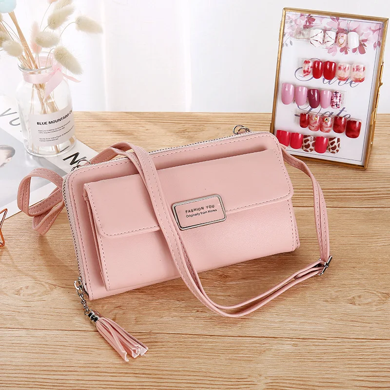 Корейский элегантный кошелек через плечо, сумка для телефона на молнии, большая вместительность, новинка, чехол для телефона на молнии с плечевым ремнем - Цвет: Розовый