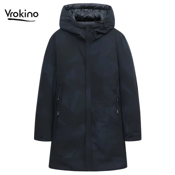 

2019 New Winter Long Down Jacket Men's 90% White Duck Down Hooded Printed Winter Jacket Slim Fit Warm Pike High Quality