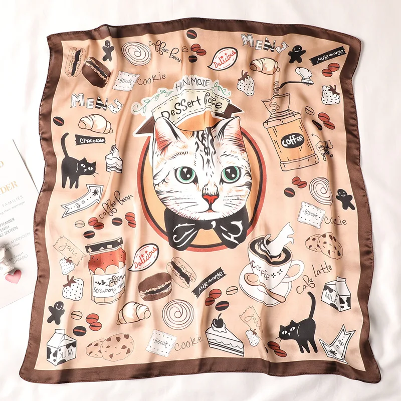 70 см* 70 см Шелковый квадратный шарф женский мультфильм кошка сумка печати платок большой хиджаб бандана платок для леди высокое качество Шелковый шарф FJ095