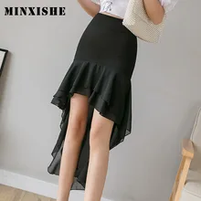 Шифоновые юбки средней длины с высокой талией и оборками, женские весенние сексуальные юбки, новые Юбки Русалки размера плюс, черные вечерние юбки-трубы для девушек