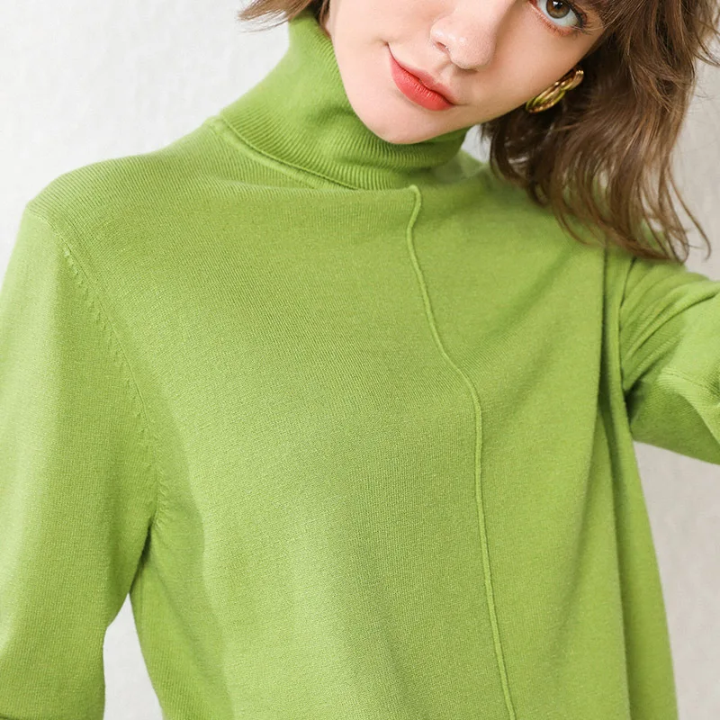 Новинка, шерстяной женский свитер с высоким воротом, Корейская Свободная трикотажная рубашка с длинным рукавом, женская зимняя куртка - Цвет: green