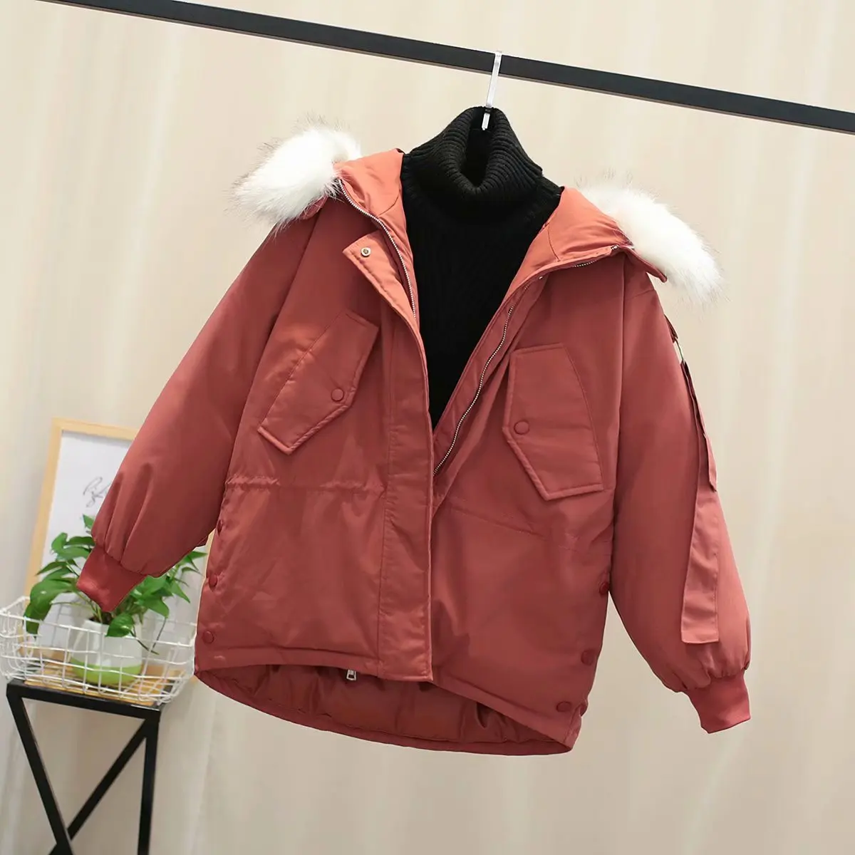 

2018 Winter New Style Large Fur Collar Circular Ring Design Thick Front Short Long Back Short Cotton-padded Clothes Women's Thre