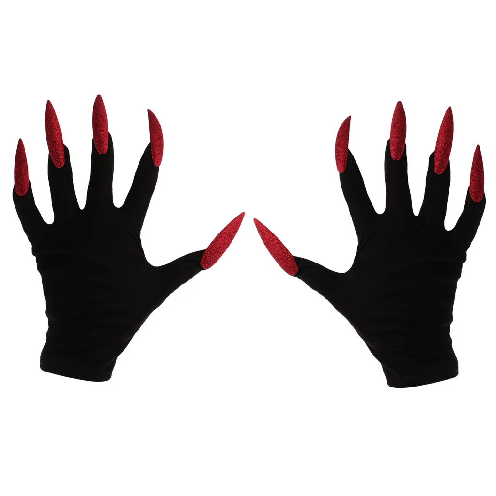 Scary Devil W/ Red Glitter Nails Halloween Party Gloves Costume Fancy Dress