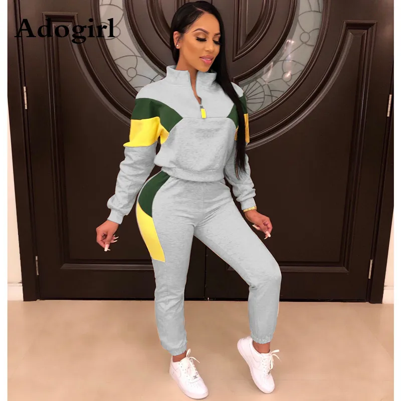 Goedkoop 2019 Winter Vrouwen Sport 2 Stuk Trainingspak Kleur Patchwork Volledige Mouw Turn down Kraag Sweater Broek Casual Sweatsuit Outfits