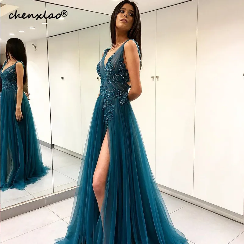 

Vestido De Festa Dark Green Evening Dresses Long A-Line V-Neck Backless Floor Length Evening Dress Prom Gowns robe de soiree