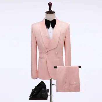 

2020 Latest Designs Shawl Lapel Slim Fit Double Breasted Men Suits Custome Homme Peach Groom Wedding Tuxedos Best Man Blazer