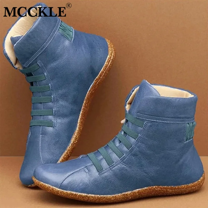 

MCCKLE Women Ankle Boots PU Leather Flat Vintage Ladies Cross Strap Woman Platform Shoes Female Women's Botas Mujer Plus Size