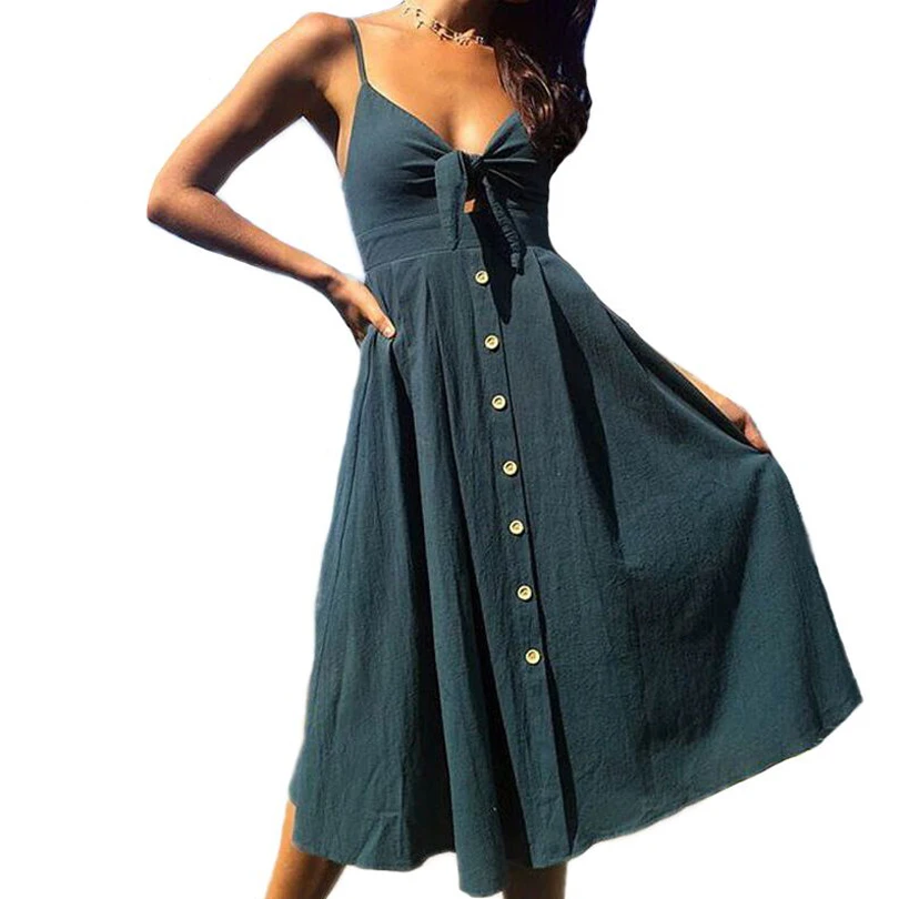 

Sexy V-Neck Bow Women Dress Long Button Backless Sleeveless Dress For Female 2019 Summer Style Fashion Beach Party Clothes