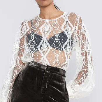 

Transparent Women Blouse Autumn 2010 Spring New Fashion Shine Through Pullover Shirt Hollow Out Sexy Lady White Tops