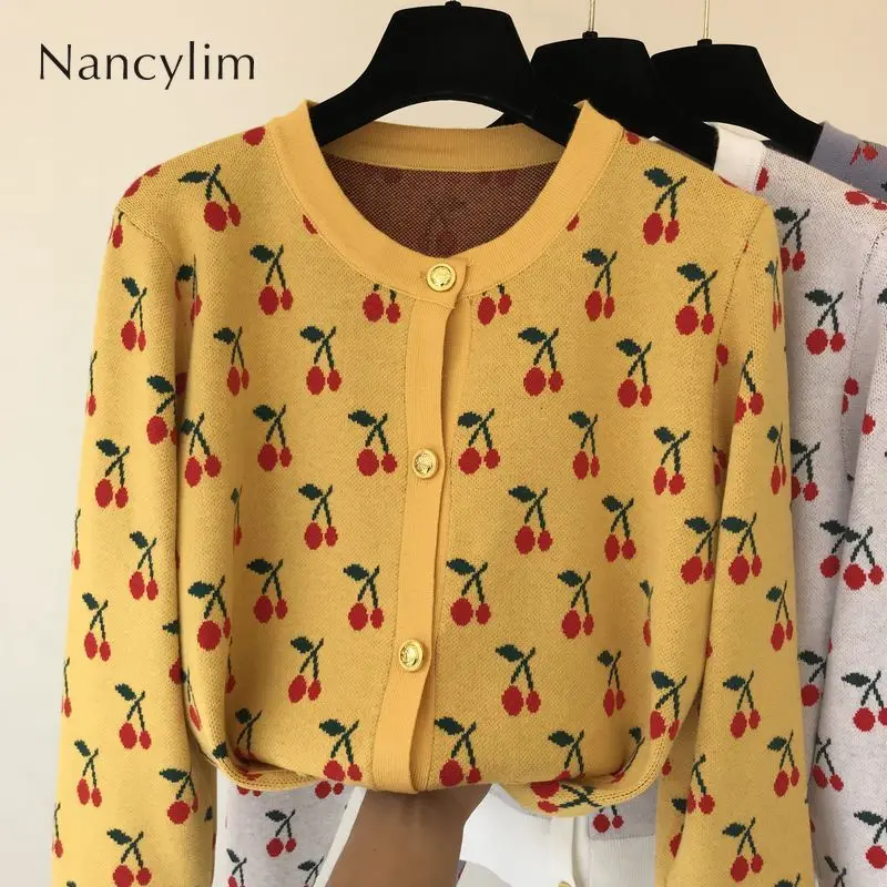 

Cherry Cardigan Women 2019 Autumn Winter Style Sweet Cherry Pattern Gold Buckle Knitted Cardigan Sweater Coat Jersey Mujer