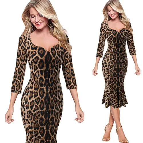 Brown Leopard 2 Vfemage женские элегантные Винтаж Леопардовый принт одноцветное кинозвезды Повседневное Коктейльные Вечерние облегающее Русалка миди длиной до середины голени, 1360 - Цвет: Brown Leopard 2