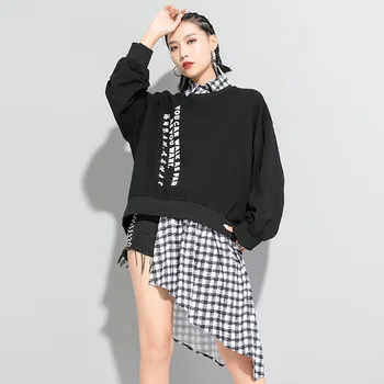 

Korea 2020 Pullover patchwork Lattice Long Sleeve letter print sweashirt for Woman Tide Irregular False Two piece tops YH74101