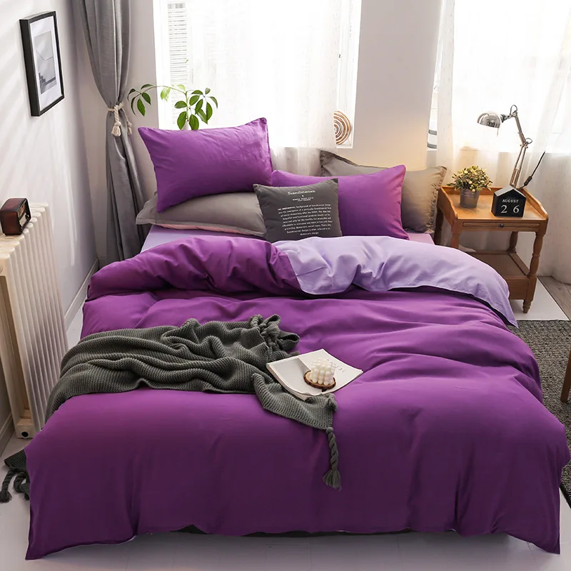 4Pcs Skin Friendly and Brushed Duvet Cover Set, Solid Brown Purple Quilt Cover with Sheet Pillowcases, Luxury Hotel Bedding Set 2