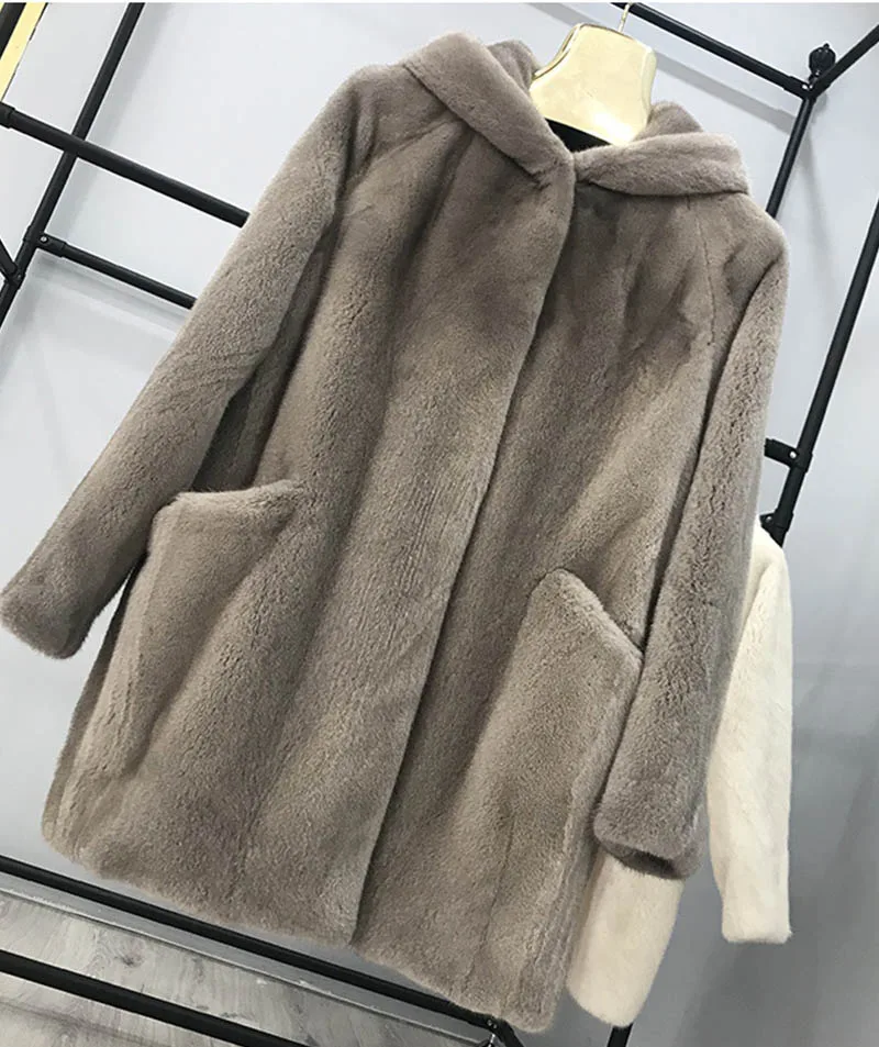 Ftangaiur Winter Import Velvet Mink Fur Coat With Fur Hood Full Pelt Natural Fur Coat Women's Medium Real Mink Fur Coats