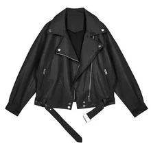 

Sunkiy 2021 New Spring Women Pu Leather Motorcycle Jacket Female with Belt Solid Color Jackets Ladys Loose Casual Jacket