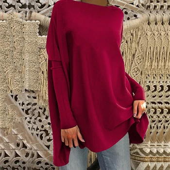 

Casual Loose T-Shirt Women Spring Solid Color Pullovers Ladies O-Neck Full Bating Sleeve Pocket Tops Femme Long Tee Shirt