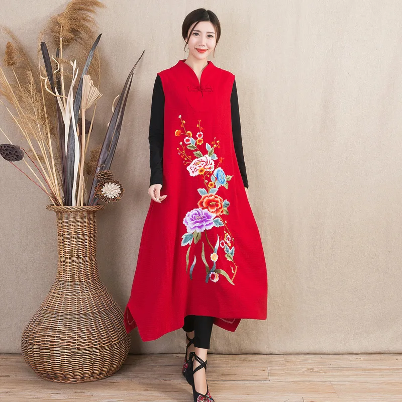 ^*Best Offers Luo Cai Autumn And Winter New Style Yunnan Cotton Linen Frog Long Sleeveless Ethnic-Style Embroidered Long Pullover Jumper Dress