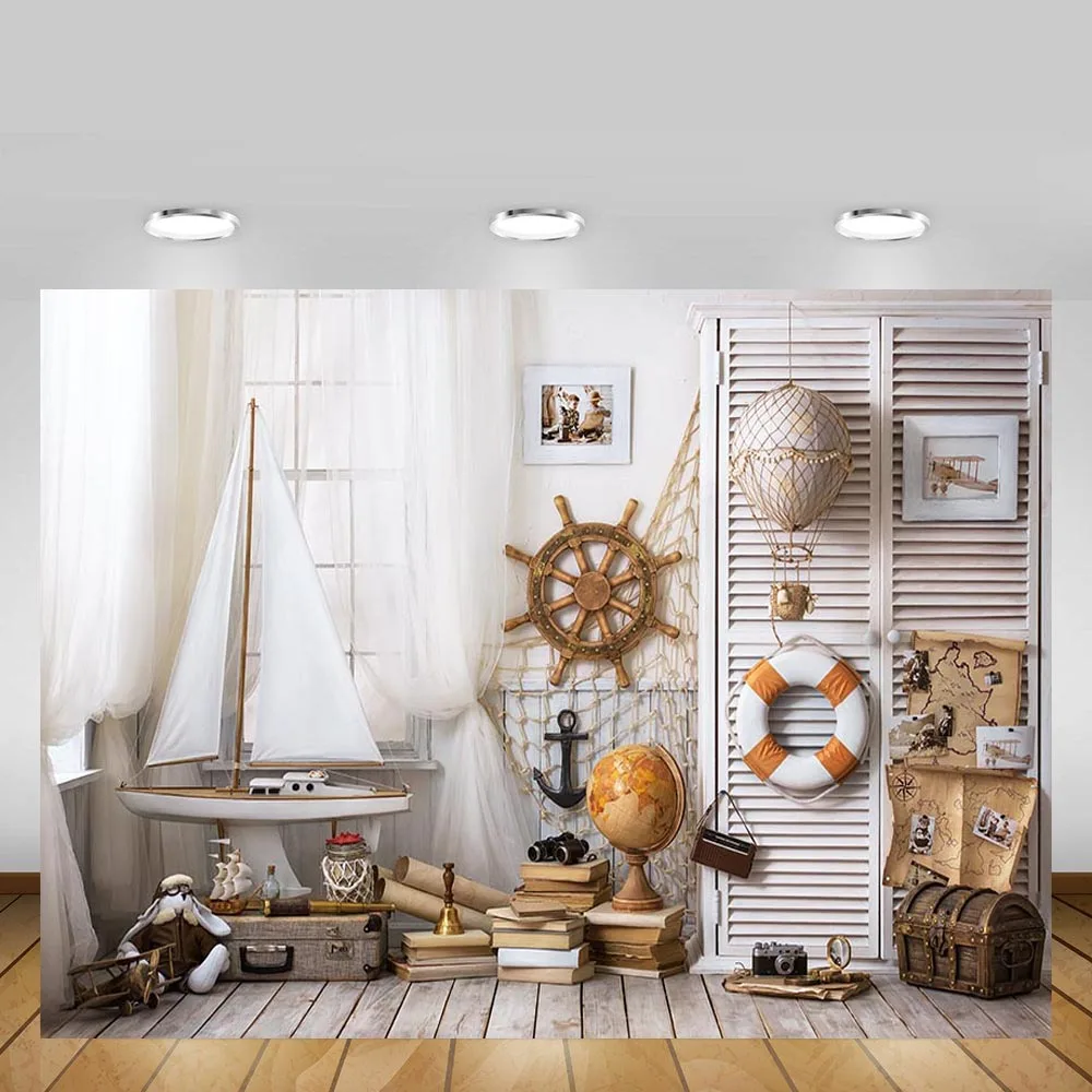 Фон для фотосъемки на день рождения с изображением парусника путешествия мира