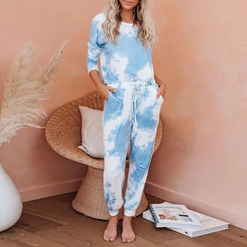 

2020 New Women Tie-dye Printing Pajamas Suit Round-neck Long-sleeved Top and Pants Casual Suit Hot Selling