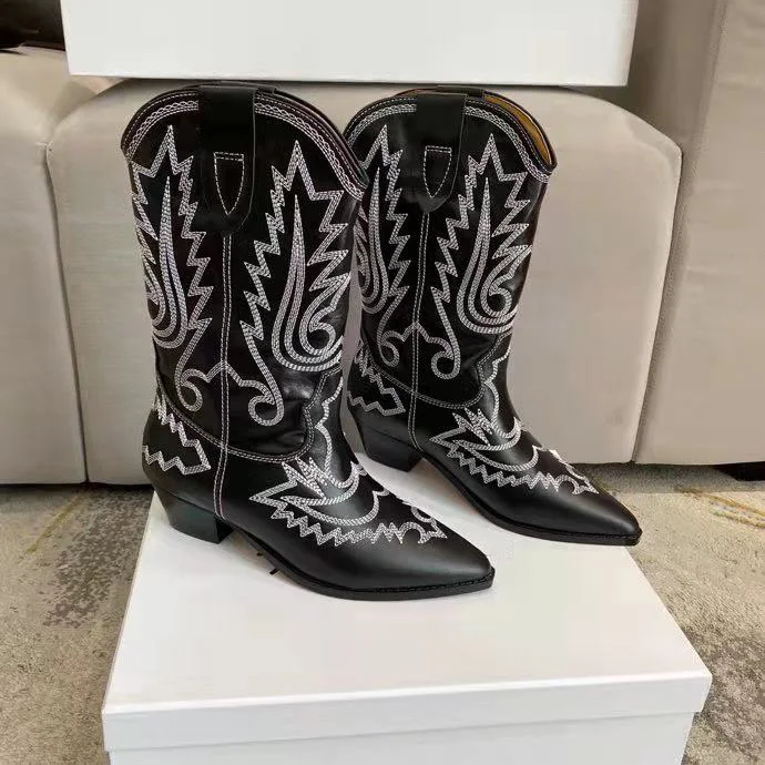 

Fashion Season Black Duerto Boots Western Cowboy Calfskin Leather Stitching Embroidery Boots