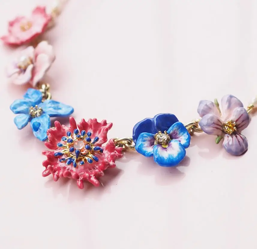 Ручной глянцевое покрытие цветы анютины глазки ожерелье в виде орхидеи Для женщин ювелирные изделия