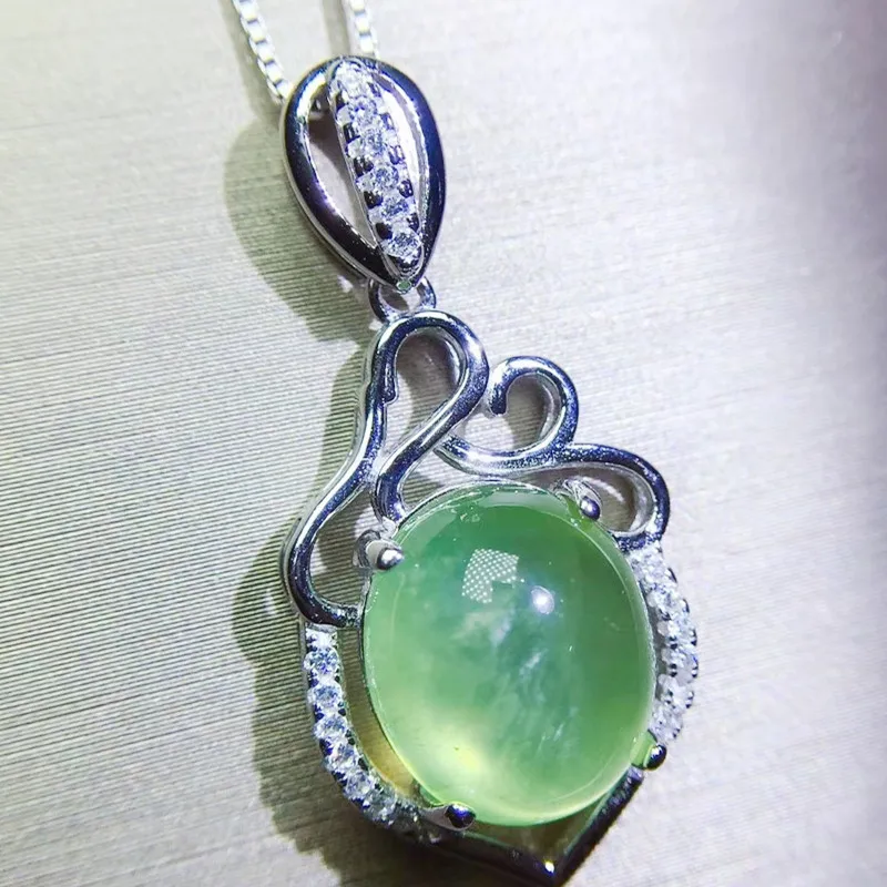 Натуральный зеленый ожерелье с пренитом кулон 925 Серебро 10*12 мм 4.6ct драгоценный камень# Q9102312