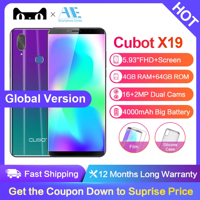 Сотовый телефон Cubot X19 5 93 дюймовый экран Android 8.1 Helio P23 восемь ядер 4000 мАч 4 ГБ ОЗУ 64