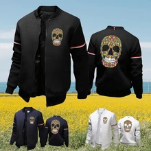 Men's Psychedeli Skelet Print Jacket Fall Winter Solid Color Personality Coat Casual Outdoor Baseball Uniform Zipper Streetwear