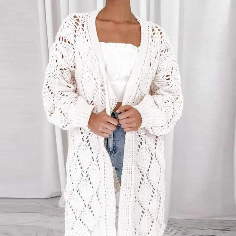 Pure Color Hollow Cardigan Knitted Women Autumn Outfit Knit Oversized Plus Size Sweaters Long Leisure Sweater New