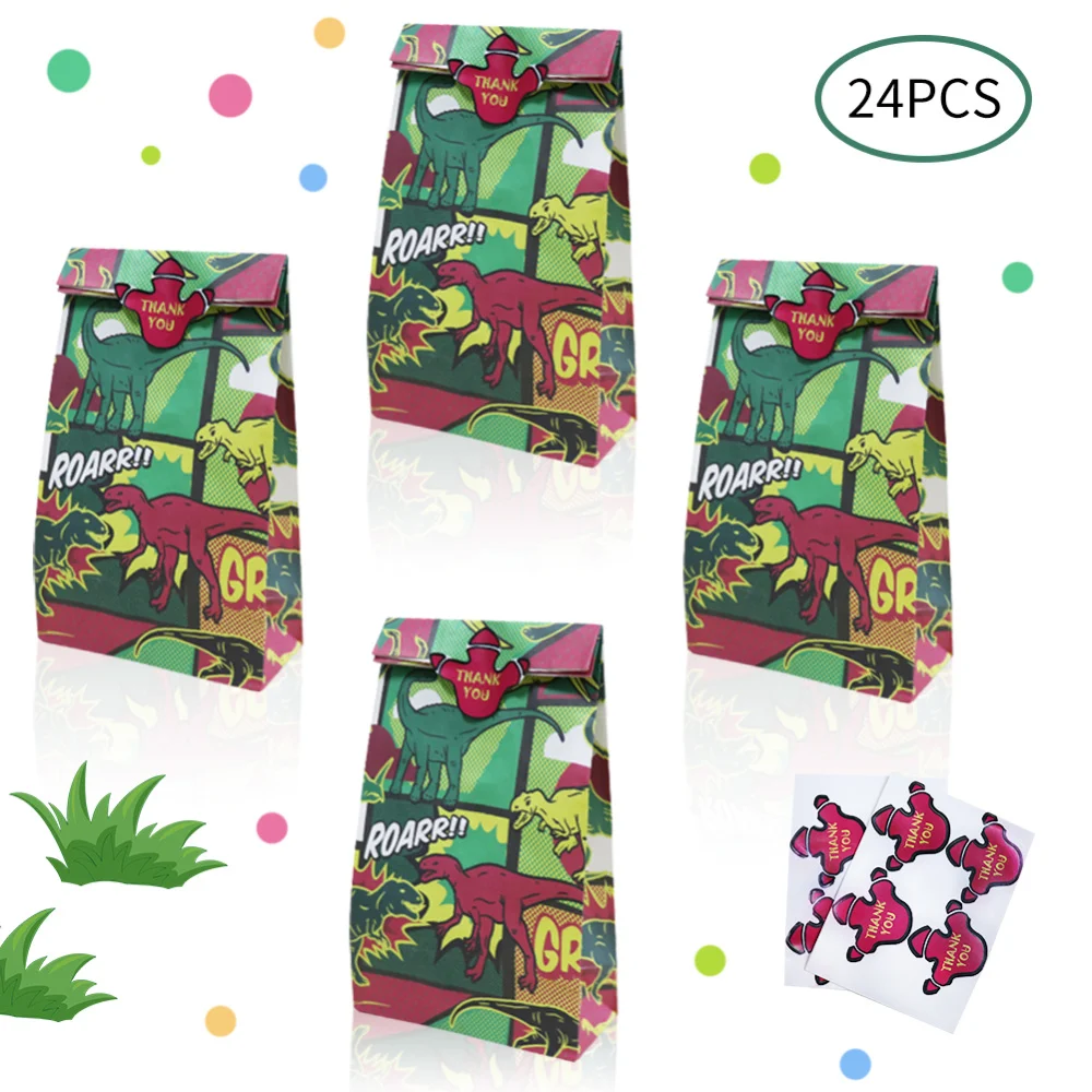 

OHEART 24pcs St Patrick's Day Dinosaur Party Bags Candy Treat Box Kid Favor Gift Bags Animals Birthday Party Event Decoration