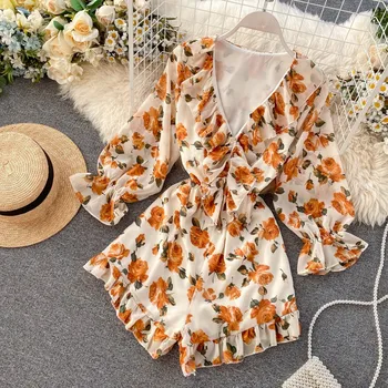 

Boho slim Ruffles 2020 V Neck Jumpsuit flare sleeve Casual Sexy Women rompers Short Summer tie Playsuit Beach Holiday Romper