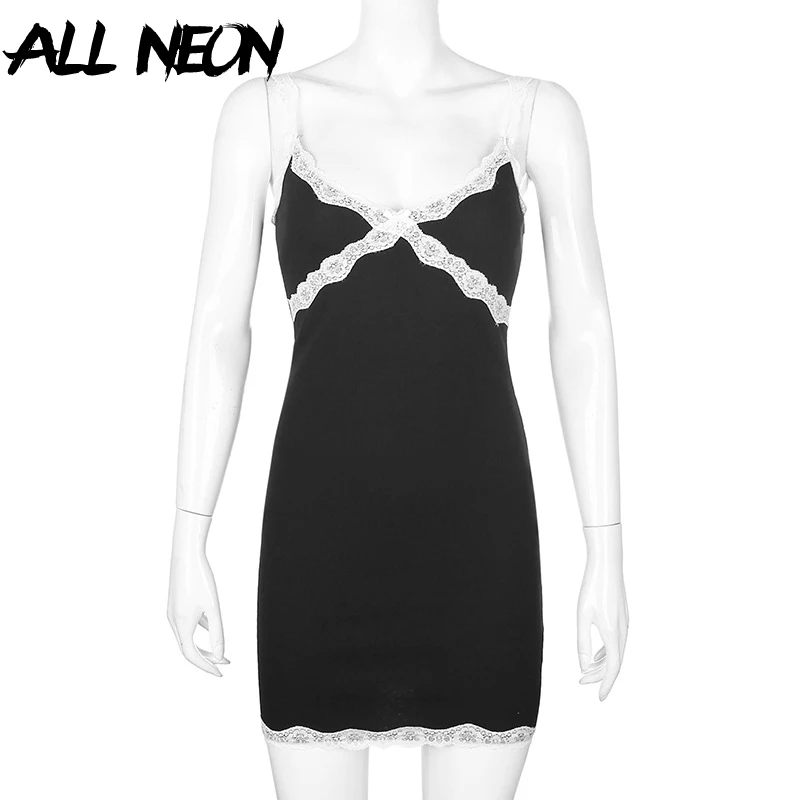 ALLNeon E-girl Y2K Spaghetti Strap V-neck Black Camis Dresses 90s Vintage Chic Criss-cross with Lace Ribbed Mini Party Dress