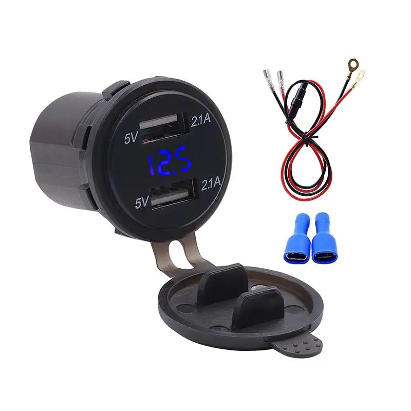 green with wire Onever 5V Автомобильное двойное USB зарядное устройство адаптер напряжение для лодки мотоцикла с розетка вольтметр, прикуриватель водонепроницаемый - Название цвета: green with wire