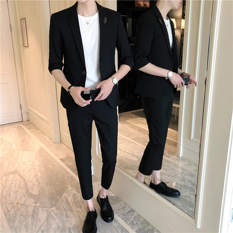 

(front + Pants) Thin Section Slim Short-sleeved Small Suit Male Trend Hair Stylist Solid Color Was Thin Leisure Suit Two-piece