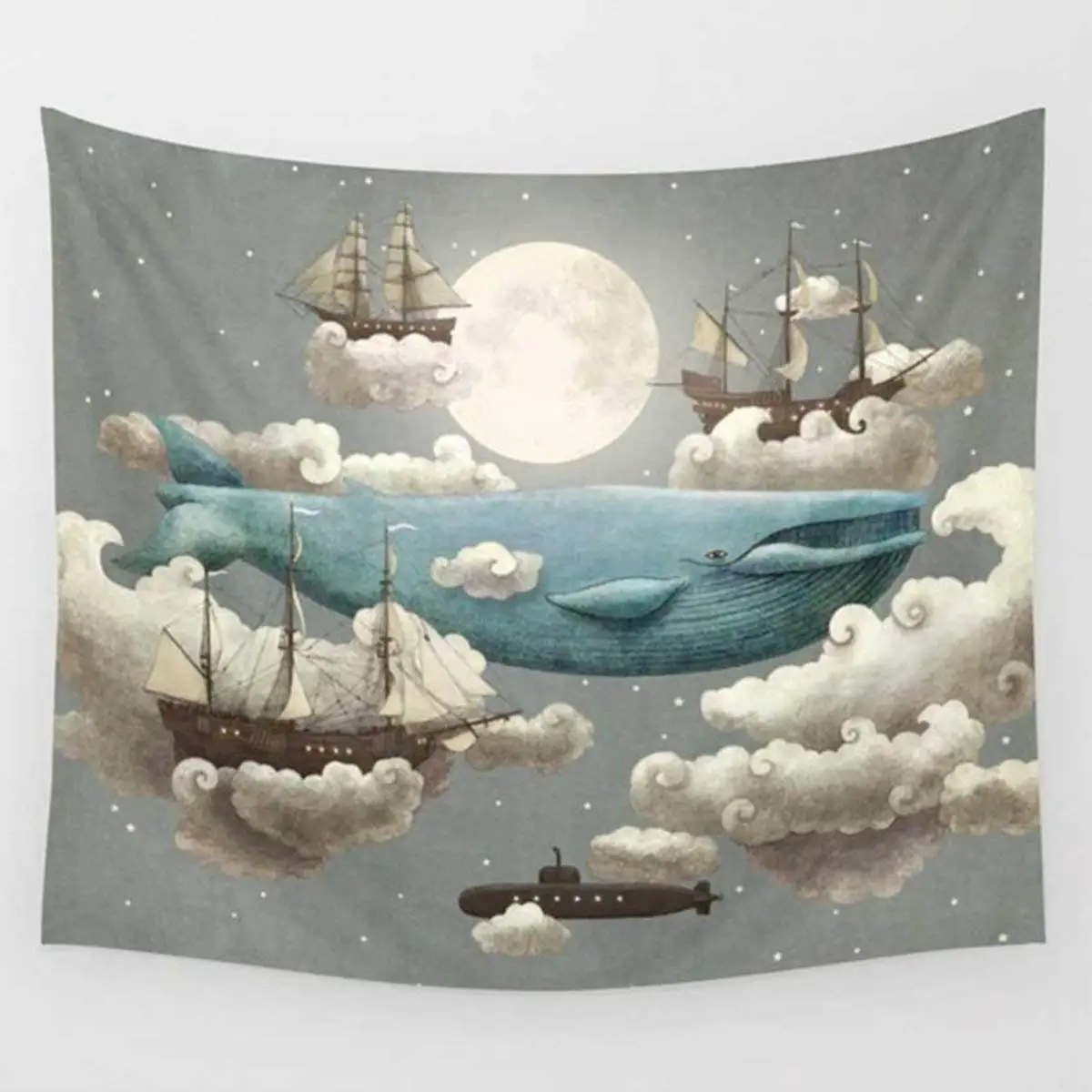 

Dreamland Blue Whale in The Sky Around Cloud and Ship Print Wall Hanging Tapestry