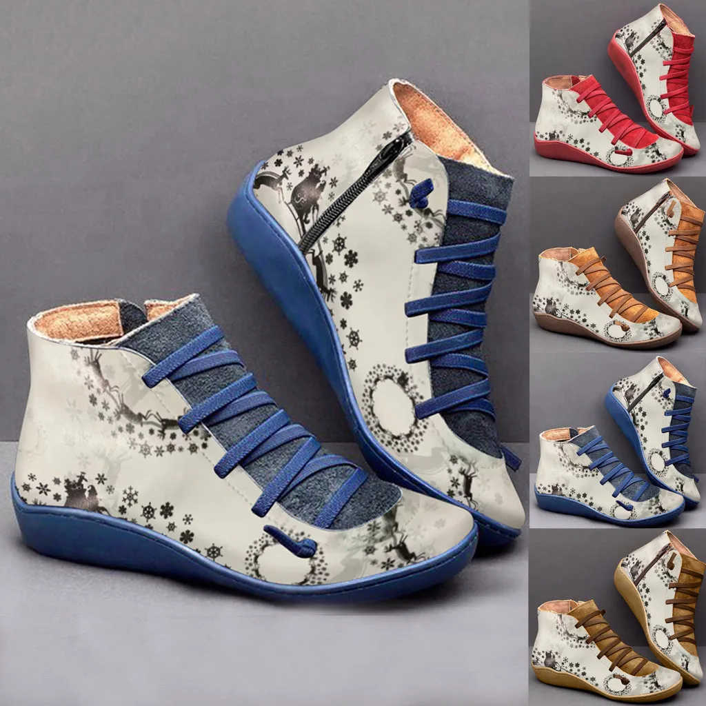 Flat Leather Retro Ankle Boots For Women Fashion Non-slip Lace-up Short Boots Woman Shoes Side Zipper Round Toe Shoe Boots Drop