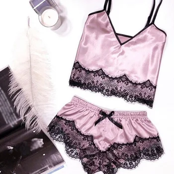 

Women Underwear Pajama Set Home Satin Silk Lingerie Ladies Short Babydoll Spaghetti Strap Eyelash Lace Sling Fashion Bowknot