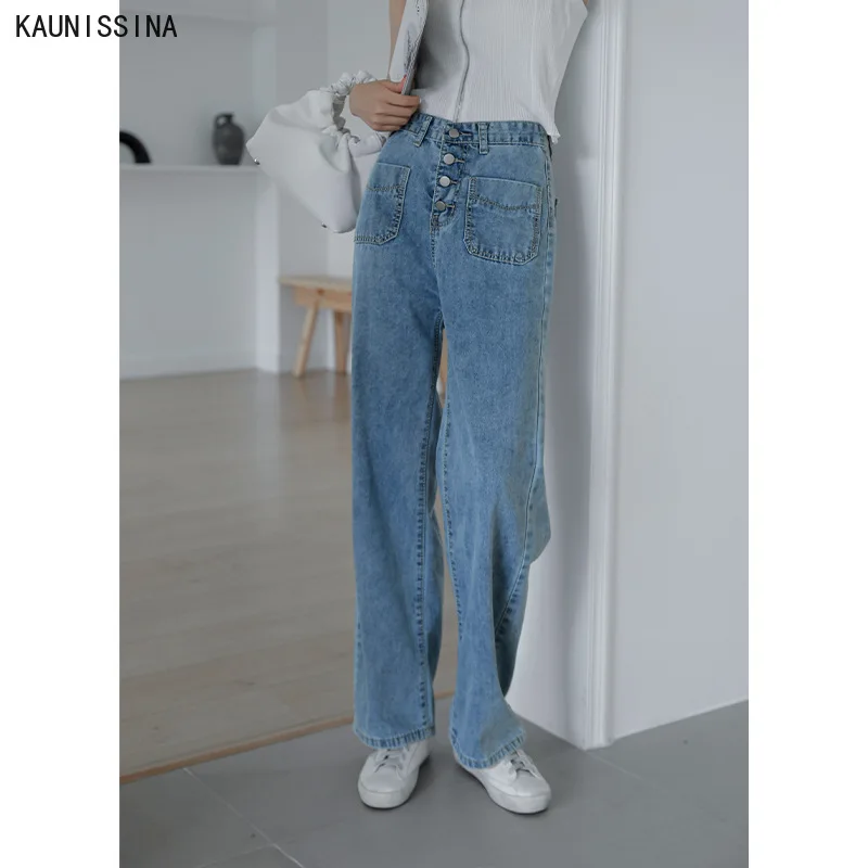

Women Wide Leg Jeans Loose Casual Trousers Washed Retro High Waist Straight Overalls Long Loose Pockets Light Blue Jeans Pants