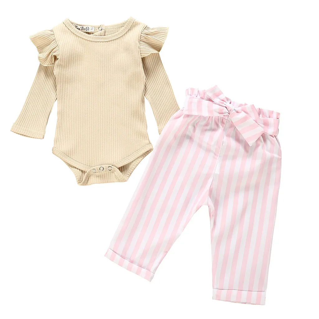 Комплект детской одежды из 2 предметов; корейский комбинезон с оборками для девочек; одежда с длинными рукавами; штаны в полоску для малышей; модная зимняя одежда для новорожденных; 19Jul - Цвет: A