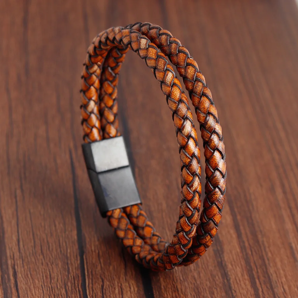 New Fashion Jewelry Men Bracelet Stainless Steel Magnet Clasp Antique Genuine Leather Cuff Bangle Bracelet Men - Image 5