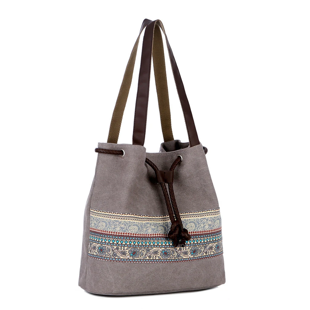 Style Canvas Handbags Women Drawstring Bucket Bag Lady Cheap Shoulder Single Shoulder Shopping Bags Floral Printed Beach Bag 820