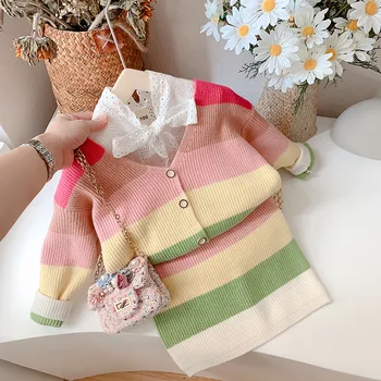 

Kids Girl Autumn Sweater Set Cute Bow Rainbow Stripe T-shirt+Hip Skirt Knited Two-piece Suit 3-7 Years Baby Girls Winter Clothes