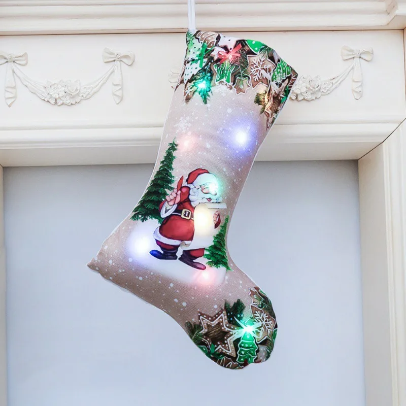 LED Light Up Christmas Stocking Gift Holders Fireplace Hanging Ornament Holiday Party Christmas Decor Stocking New Year Gifts
